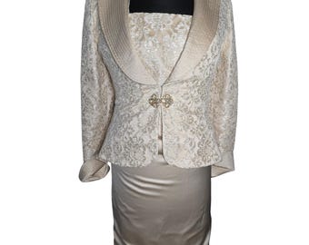 Vtg 80's Cream Lace Brocade Two-Piece Blazer Dress Set Powersuit Luxury