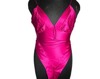 Vtg 80's Ms. Leslee Hot Pink Satin Lingerie Teddy Bodysuit