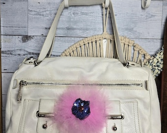 Y2K Marc Jacobs White Leather Shoulder Bag with Pink Pom and Blue Sequin Detail