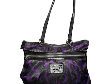 Bolso tote Y2K Coach Poppy Daisy Ocelot Glam con estampado de leopardo morado y purpurina estilo indie sleaze