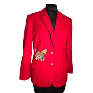 Vtg 80's Pendleton Wool Red Blazer Jacket with Multicolor Butterfly Accent