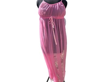 Vtg 60's Romantic Sheer Chiffon Pink Pleated Peignoir Babydoll Maxi Slip Dress