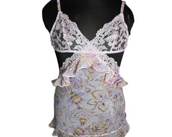 Victoria's Secret Delicate Violet Purple Blossom Babydoll Chemise Gold Floral