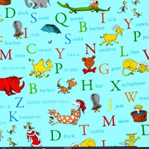 Dr. SEUSS ALPHABET FABRIC | Sold By The Half Yard! | Continuous Cut! | 100% Quilting Cotton | abc Letters Reading Aqua Blue