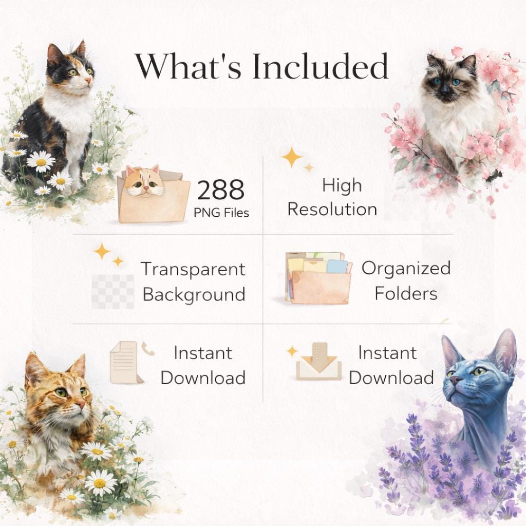 288 Watercolor Cat Clipart Bundle PNG | Floral Cat Clip Art, Cute Cats ...