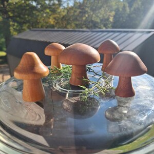 May include: Five wooden mushroom figurines with varying cap shapes and sizes are arranged on a silver platter. The mushrooms are a warm brown color, and the platter reflects the surrounding outdoor environment. Greenery is placed between the mushrooms.