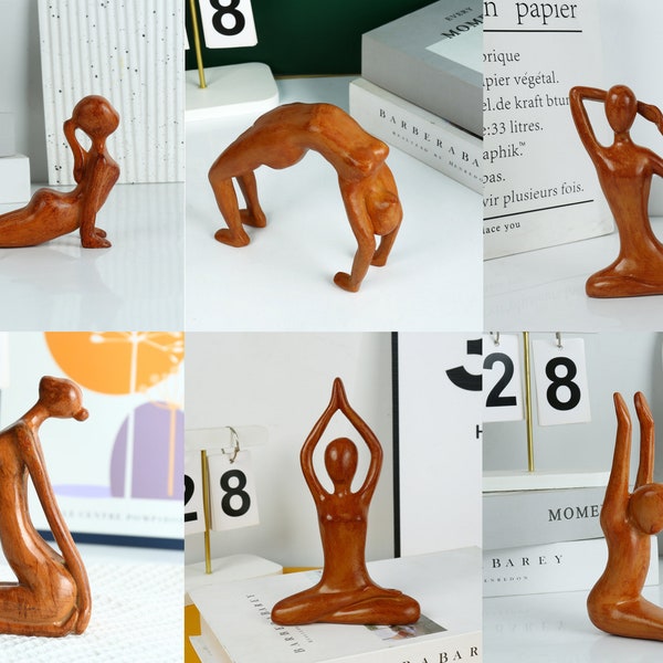 Estatua de meditación de Yoga de madera tallada en madera hecha a mano tallada en madera Pose de Yoga chica de Yoga decoración del hogar