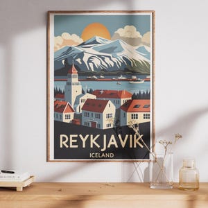 Stampe di poster di viaggio - carta di qualità museale, poster di viaggio in Islanda, stampa di poster di viaggio a Reykjavik, decorazioni artistiche da parete, regalo di poster di viaggio in città