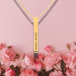Collar de barra 3D personalizado, collar de barra manuscrita para mujer, collar de nombre personalizado de 2 lados, regalo para esposa, collar de barra vertical 3D, regalo de aniversario