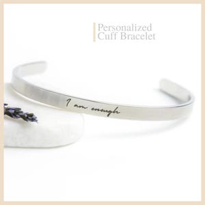 Regalos personalizados, pulsera de puño, pulsera de escritura a mano, pulsera personalizada "Soy suficiente", regalo de autocuidado, pulsera de afirmación, pulsera para mamá