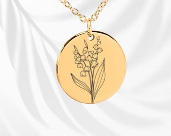 Collana con mughetto, regalo per la nascita, collana con fiore del mese, collana floreale con fiore di nascita, collana con mughetto placcata oro