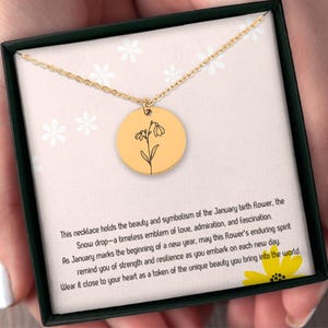 Collier de fleurs de naissance de janvier, carte de message, collier de mois de naissance plaqué or, bijoux personnalisés, collier de naissance à imprimé fleurs