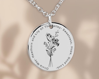 Personalized Birth Flower Necklace: Engraved Floral Pendant, Birthday Gift