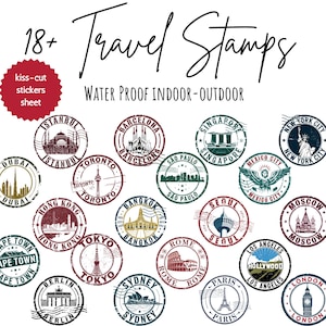 Travel stamps, suitcase stickers, Luggage stickers, Kiss-Cut Vinyl Decals, scrapbook stickers, Holiday stamps, vacation sticker sheet bundle