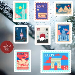 Cute travel stamps sticker sheet, suitcase stickers, luggage stickers, water proof stickers, mobile kiss cut vinyl decals, laptop stickers