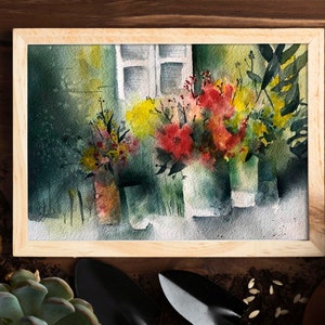 Pintura de acuarela original de macetas para colgar en la pared. Flores pintadas a mano imprimibles en macetas para la decoración de la pared de la casa.