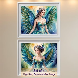 4 Magical Watercolor Beautiful Fairies Peacock Wings Clipart Downloadable JPGs Instant Digital Download Fairies Peacock Wings. DIY Crafts