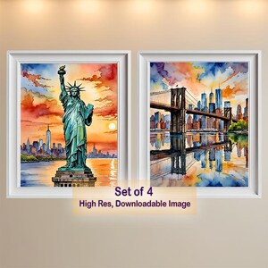 Conjunto de 4 paisagens urbanas em aquarela de New York-Times Square, Estátua da Liberdade, Ponte do Brooklyn, Central Park - Download instantâneo de alta qualidade
