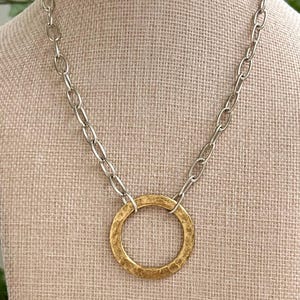 Silver Paperclip Chain Necklace: Gold Open Circle Pendant, Mixed Metal