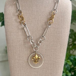 Gold & Silver Link Chain Necklace: Fleur de Lis Coin Pendant