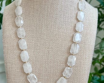 Clear Quartz Necklace: 18k Gold Filled Clasp Crystal Quartz Layering Semi-Precious Stones, Adjustable Length Quartz Beaded Necklace