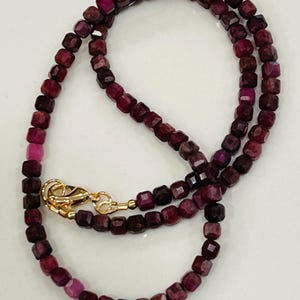 Ruby Beaded Necklace: 18k Gold Filled Clasp, 4mm Cubed Gemstones