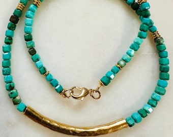 Turquoise Beaded Necklace 18k Gold Filled Clasp Non-tarnish Gold Plated Pewter Beads 3.5mm Faceted Beads Layering Necklace Bohemian Choker