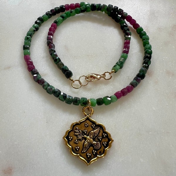 Ruby Zoisite 16in Necklace with Reversible Gold Dove Peace Pendant, Ruby Zoisite Beaded Necklace, Gold Filled, Cubed 4mm Stones, Tierracast