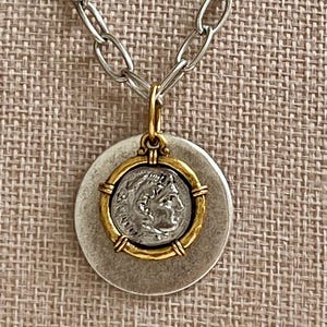 Mixed Metal Link Chain Necklace: Organic Coin Pendants, Adjustable