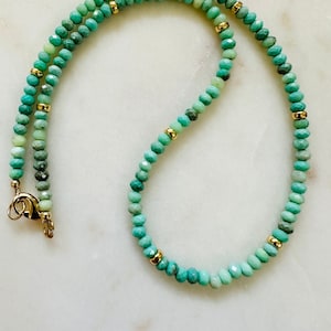 Collier en perles de chrysoprase, fermoir en or massif 18 carats ou en argent sterling, collier superposé