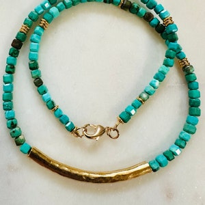 Turquoise Beaded Necklace: 18k Gold Filled Clasp, 3.5mm Table Cut Cubed Beaded Necklace, Gold Bar Statement Necklace