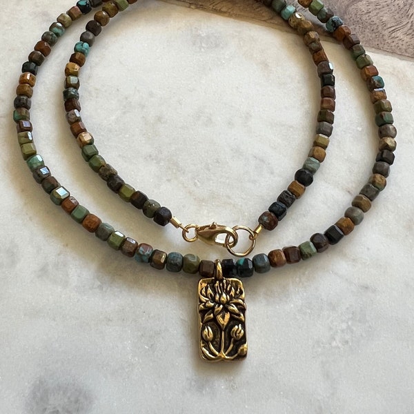 Natural Turquoise Necklace, Multicolor Necklace, Lotus Pendant, 16.25 inch Long, Gold filled clasp, Pendant, Tierracast