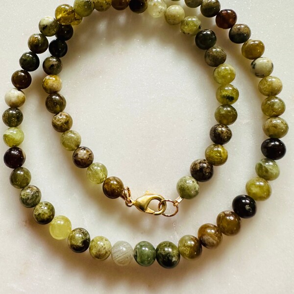 Green Garnet Necklace, 18in Long Natural Green Garnet, Gold Filled  Clasp, Beautiful Green 6mm Round Natural Stones