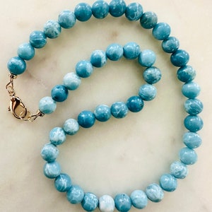Larimar Quartz Beaded Necklace: 18k Gold Filled Clasp, 8mm Gemstone