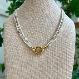 Mixed Metal Double Curb Chain Necklace: Gold Carabiner Clasp