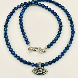 Lapis Beaded Necklace Silver Evil Eye Seek Pendant Lapis Round Smooth Beads 4mm Natural Semi-Precious Gemstone Necklace Easy Closure Boho