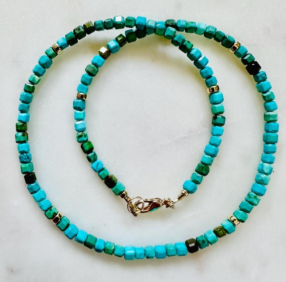 Turquoise Necklace: 18k Gold Filled Clasp, Adjuatable Length, Natural Turquoise Beaded Necklace