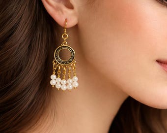 Boucles d'oreilles lustre en perles d'eau douce : pendantes en plaqué or