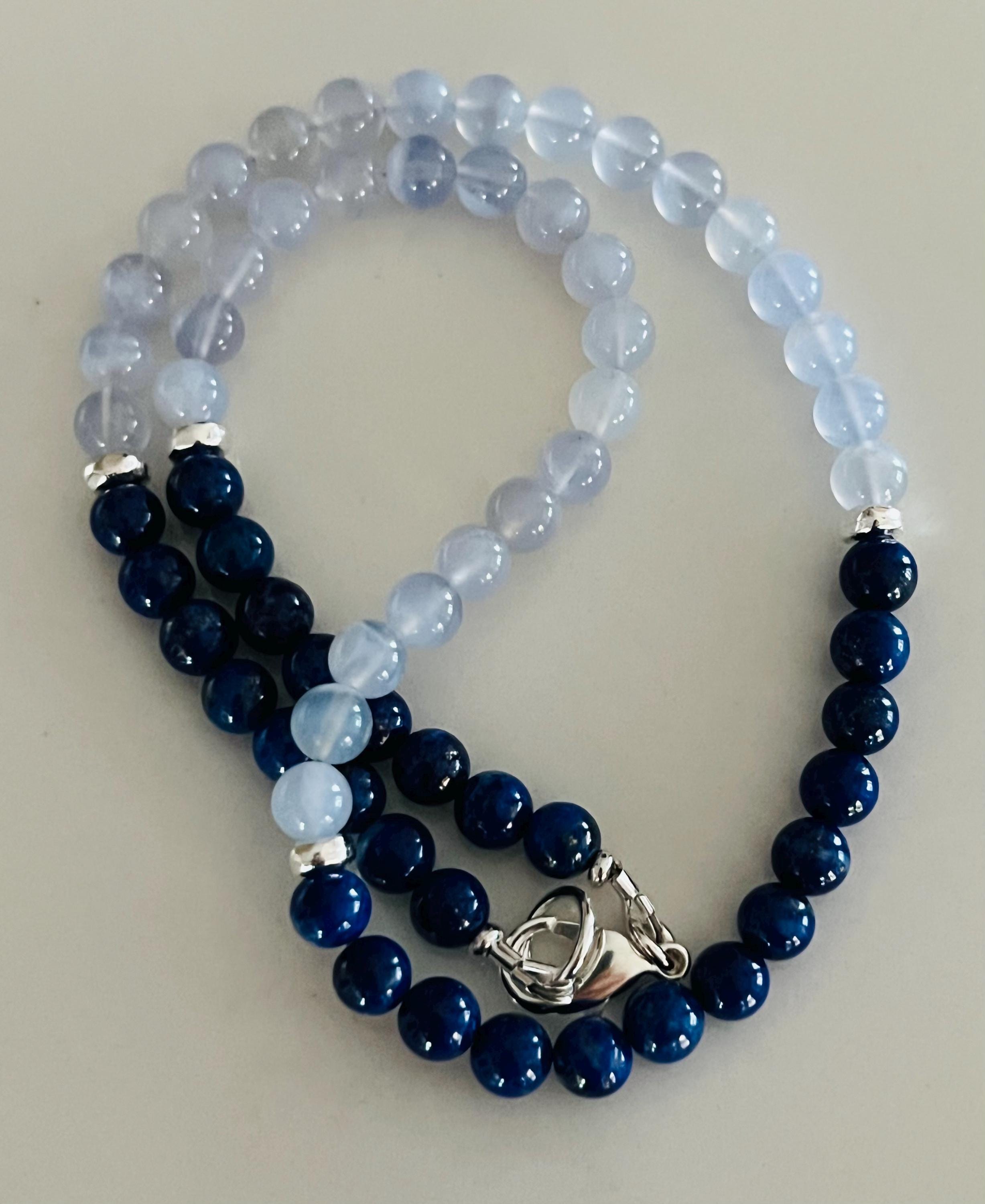 Lapis and Blue Chalcedony Beaded Necklace: Silver Clasp, Two-tone