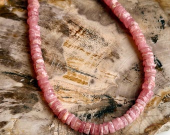 Rhodochrosite Beaded Necklace: 18k Gold Filled Clasp/Beads Grade A+ Rhodochrosite  Heishi 5.5mm Stones, Adjustable Length