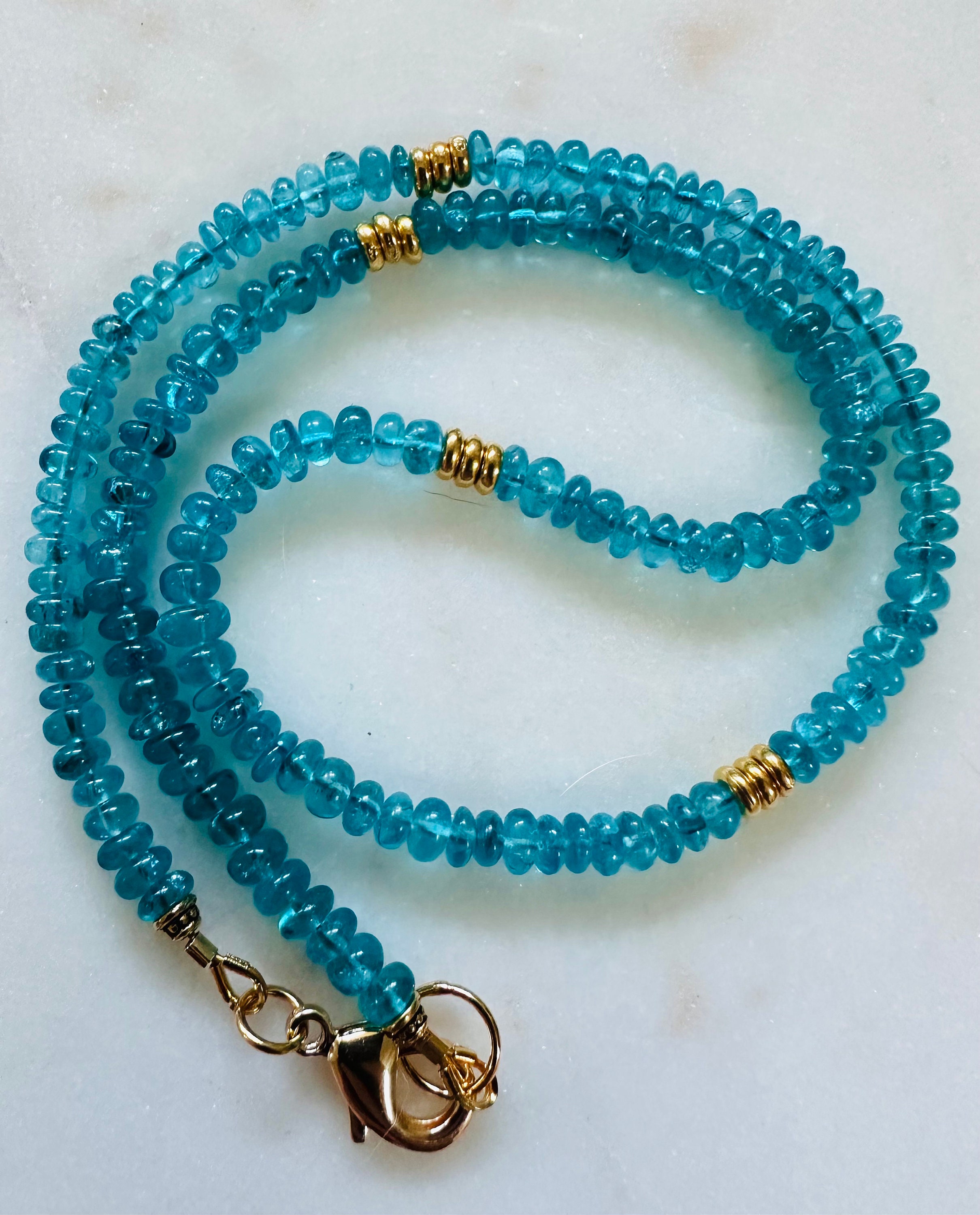 Blue Apatite Necklace 18k Gold Filled Clasp 4.5mm Rondelle Neon Blue Apatite Layering Necklace Semi-Precious Gemstones Blue Apatite Beads