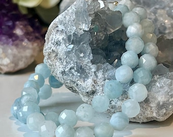 Aquamarine Beaded Necklace: 18k Gold Filled Clasp, 8mm Faceted Round Sparkling Grade A Aquamarine Natural Gemstone Necklace