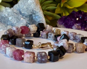Tourmaline Beaded Necklace: 18k Gold Filled Clasp, Natural Gemstone 7mm Table Cut Cube Multi Tourmaline Stones