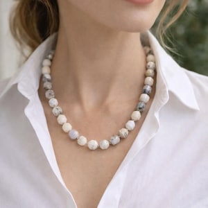 White Opal Beaded Necklace: 18k Gold Filled Clasp, Prism Cut Dendritic Opal Gemstone image 1