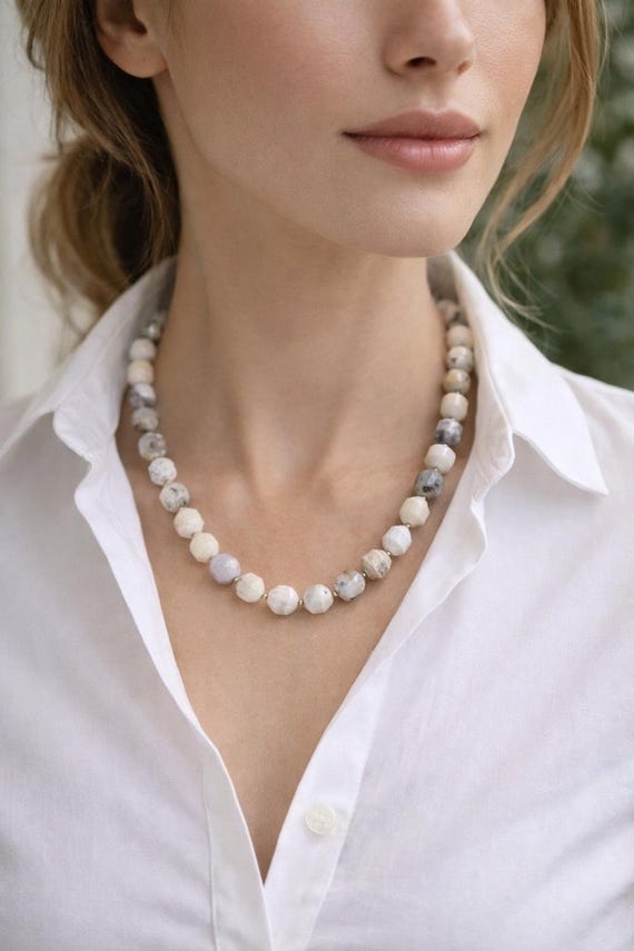 White Opal Beaded Necklace: 18k Gold Filled Clasp, Prism Cut Dendritic Opal Gemstone