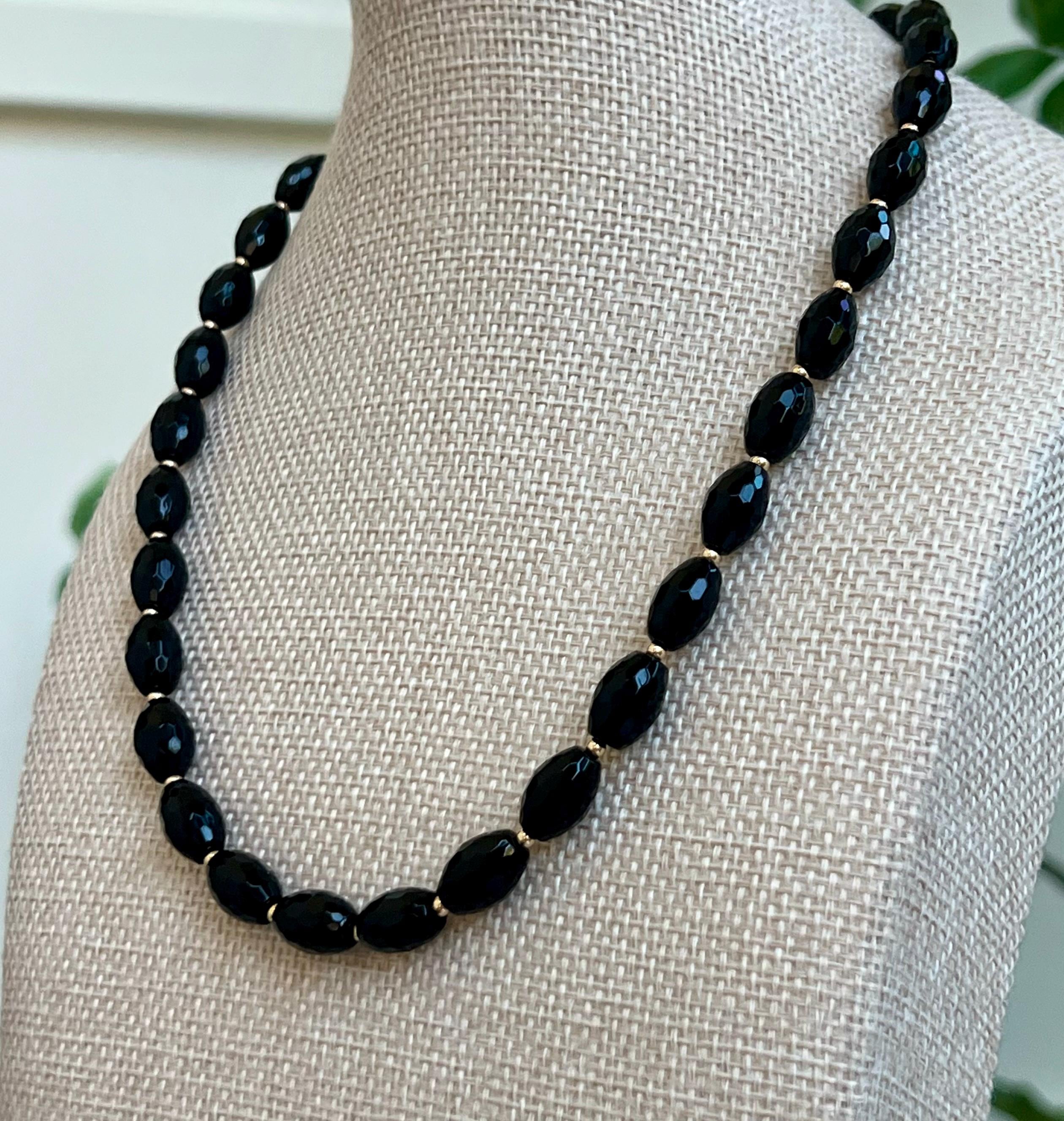 Onyx Beaded Necklace: 18k Gold Filled Clasp, Faceted Gemstone