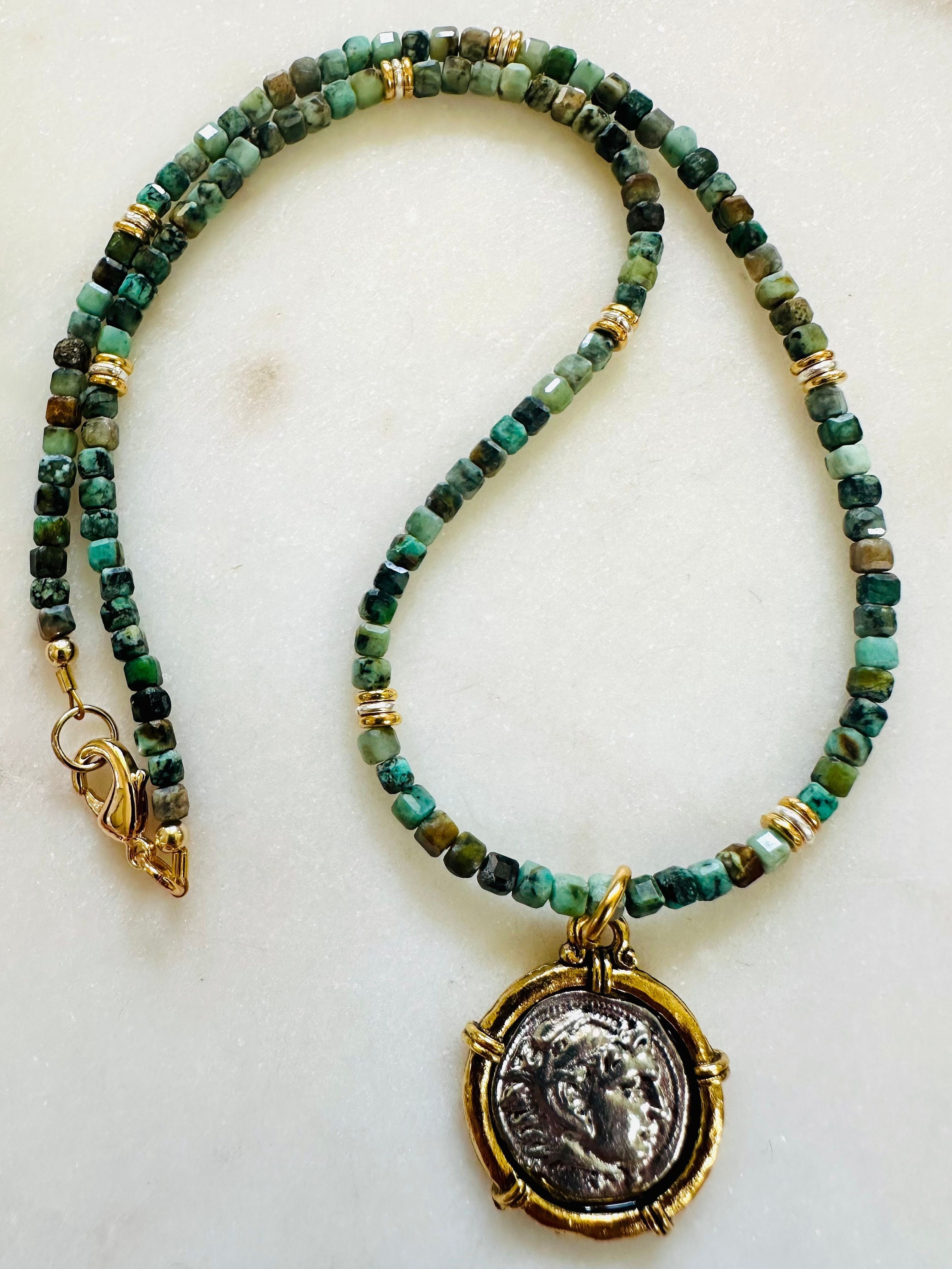 Turquoise Beaded Necklace Antique Coin Pendant, Gold Sand Silver Pendant, gold - Picture 6 of 10