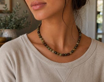 Green Garnet Beaded Necklace: 18k Gold Filled Clasp, 8mm Smooth Round Stones Layering Necklace
