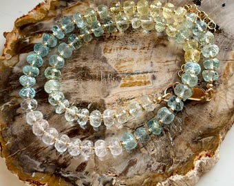 Aquamarine Beaded Necklace: 18k Gold Filled Clasp/Beads, 7mm Faceted Rondelle Aquamarine and Morganite Gemstone Necklace, Adjustable Length