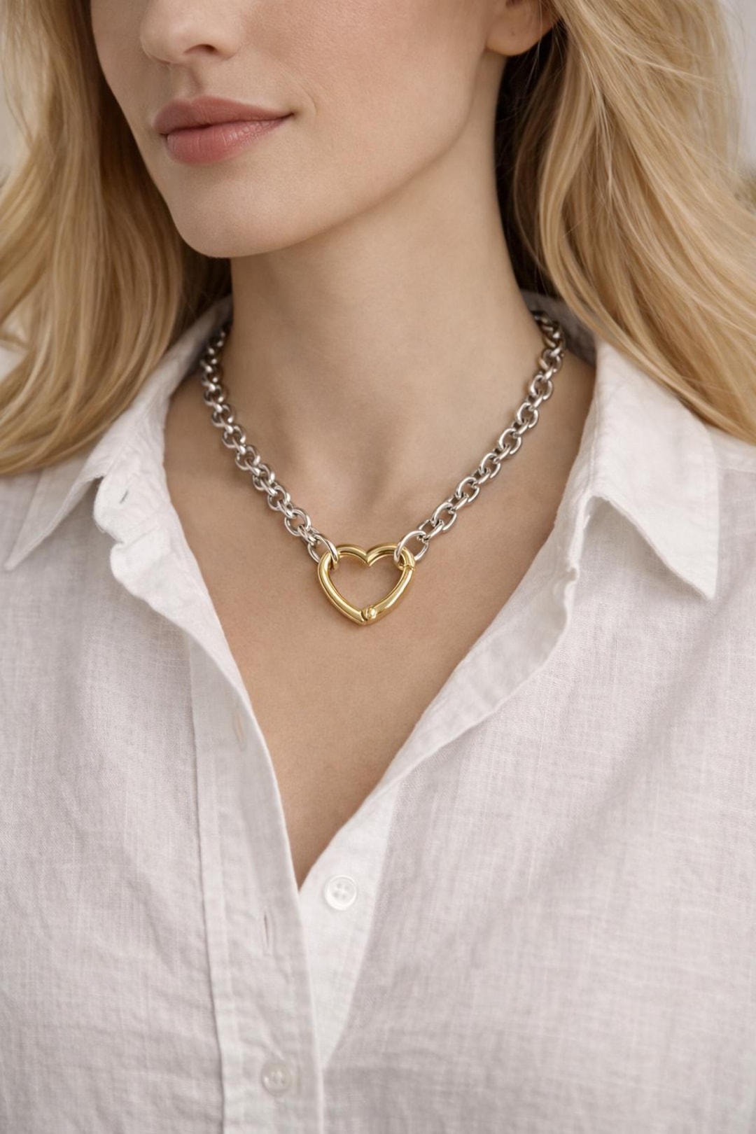 Silver Thick Cable Chain Necklace: Gold Heart Spring Clasp Mixed